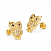 14k Gold Plated Brass Cute Owl Screwback Girls Earrings with Sterling Silver Post