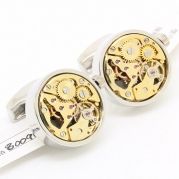 Vintage Steampunk Silver Round And Gold Movement Watch Functional Mechanical Cufflinks