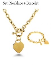 Stainless Steel Yellow Gold Plated Elegant Heart Charm Cable Link Chain Necklace&Bracelet Set with Toggle Clasp, Length:Neckalce 18' , Bracelet: 7.5'