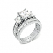 .925 Sterling Silver Princess Cut Three Stone Cubic Zirconia Wedding Engagement Band Ring Set Size 4,5,6,7,8,9,10,11 Free Ring Box (8)