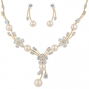 EleQueen Women's Cubic Zirconia Simulated Pearl Flower Bridal Necklace Earrings Set Clear Gold-tone
