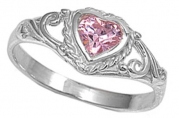 Pink Heart Ring-Size 1-2-5-Silver Color Imitation October Birthstone Ring-Small Ring for Finger-Teen Girl