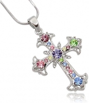 Pastel Yellow, Blue, Pink, Purple, Green Crystal Cross Necklace Silver Tone Gift for Girls Teens Women