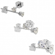 3 Pair Set Sterling Silver Cubic Zirconia Earrings Studs 2, 3 and 4mm