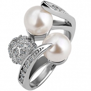 BOHG Jewelry Womens 18K White Gold Plated Cubic Zirconia Pearl Bead Love Promise Ring Wedding Band Silver Size 6