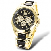 2013newestseller Black Luxury Men Classic Stainless Steel Gold Dial Quartz Analog Bangle Wrist Watch