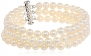 Sterling Silver Three-Row A Quality White Freshwater Cultured Pearl Bracelet (6.5-7mm)