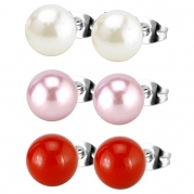 Charisma 8mm Imitation Shell Pearl Round Ball Stud Earrings Hypoallergenic Push Back 3 Pairs Assorted Color