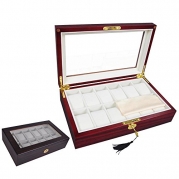 12 Mens Wood Watch Display Case + Glass Top Jewelry Collection Storage Box Organizer C