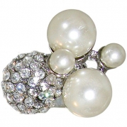 1 X 1 1/4 Imitation Pearl Cluster with Rhinestone Pave Ball Adjustable Cocktail Ring, in Crystal with Silver Tone Finish