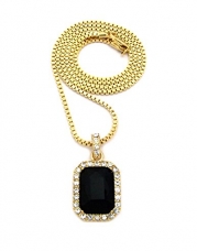 Gold-tone Square Colorful Gemstone Pendant 24 Box Chain Necklace XZ122G (Black)