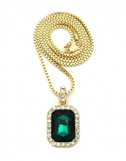 Gold-tone Square Colorful Gemstone Pendant 24 Box Chain Necklace XZ122G (Green)