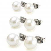 Charisma 4mm 6mm 8mm White Imitation Shell Pearl Round Ball Stud Earrings Hypoallergenic Push Back 3 Pairs