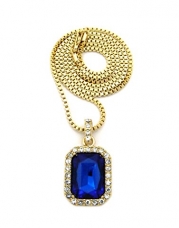 Gold-tone Square Colorful Gemstone Pendant 24 Box Chain Necklace XZ122G (Blue)