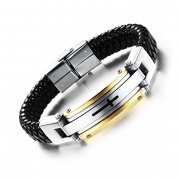 OPK Jewelry Fashion Solid Stainless Steel Cross Braide Leather Bangle Bracelet Men Jewelry,Gold