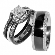 His & Hers 4 PCS Black IP Stainless Steel CZ Wedding Ring Set/Mens Matching Band-SIZE W5M8