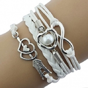 Doinshop Infinity Love Heart Pearl Friendship Antique Leather Charm Bracelet (white)