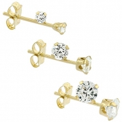 3 Pair Set 14k Yellow Gold Cubic Zirconia Earrings Studs Cartilage 2, 3 and 4mm