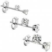 3 Pair Set 14k White Gold Cubic Zirconia Earrings Studs Cartilage 2, 3 and 4mm