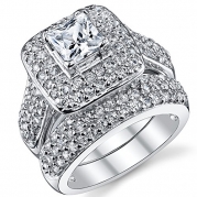 .925 Sterling Silver Princess Cut Cubic Zirconia Wedding Ring Set, Size 7