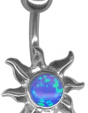 A-Gorgeous Imitation Blue Opal Sun Belly Button Ring 14 gauge 3/8 Steel Barbell-Non Dangle Navel Ring