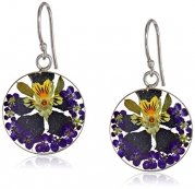 Sterling Silver Purple Pressed Flower Circle Drop Earrings