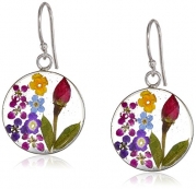 Sterling Silver Multi-Color Pressed Flower Circle Drop Earrings