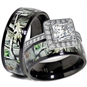 His & Her Black Titanium Camo Sterling Silver Engagement Wedding Ring Set (Size Men 10; Women 7)