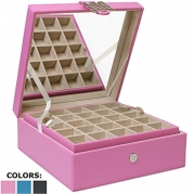 Earring Holder - Classic 50 Section Jewelry Box / Case / Organizer for Earrings, Rings, Necklaces, Jewelry, Cufflinks or Collections. 50 Small Compartments with Elegant Large Mirror - Pink