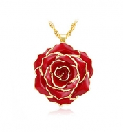 ZJchao 30mm Golden Necklace Chain with 24k Gold Dipped Real Red Rose Pendant