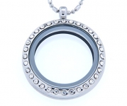 Round Crystal Necklace Floating Charm Locket with Bamboo Chain, 18 Inch