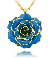ZJchao 30mm Blue Real Rose Necklace Real Rose Dipped 24k Gold Rose Flower Pendant Great Gift