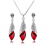 Women Crystal Necklace Earrings Fashion White Platinum-plated Jewelry Set (red)