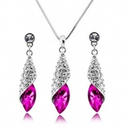 Women Crystal Necklace Earrings Fashion White Platinum-plated Jewelry Set (deep pink)