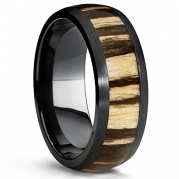 Black Titanium Wedding Band Ring with Real Zebra Wood Inlay, 8mm Dome, Comfort Fit Size 10