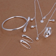 Hot Sale Wedding Fashion 925 Silver Plated Jewelry Set Big Hand Chain Bracelet Necklace Ring Stud Earings Eardrop Water Drops