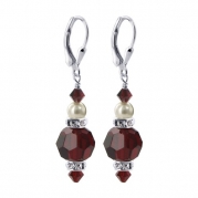 925 Sterling Silver Garnet Color White Pearl Handmade Earrings Made with Swarovski Crystal Elements