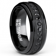 Men's Stealth Black Titanium Wedding Band Ring with Black Cubic Zirconia CZ, Size 7