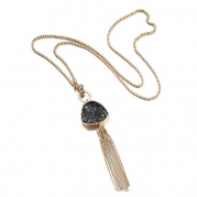eManco Bohemia Alloy Chain Tassel Imitation Stone Black Resin Pendant Long Necklaces for Women