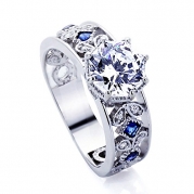 Sterling Silver Rhodium Plated Octagon Cut CZ, Blue Stone Accent Engagement Ring ( Size 5 to 9 ) - 6.5
