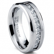 Titanium Men's Wedding Band Engagement Ring with 9 large Princess Cut Cubic Zirconia CZ, Comfort Fit, 8mm Size 10