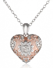 Sterling Silver Filigree Heart Diamond 1/10 cttw Pink Plated Pendant Necklace, 18