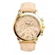 Tenworld Women Lady Girl Gift Analog Quartz Faux Leather Wrist Watch (Beige )