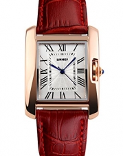 Voeons Womens Watches Rose Gold Case Roman Numeral Luxury Wristwatch Red Leather Strap Watch