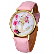 Kingfansion Vogue Women's Leather Floral Printed Anchor Quartz Dress Wrist Watch
