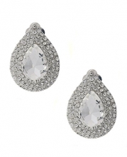 Women's Evening Pointy Teardrop Stone Fashion Clip On Earrings - Clear, Silver-Tone