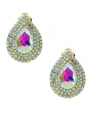 Women's Evening Pointy Teardrop Stone Fashion Clip On Earrings - Aurora Borealis, Gold-Tone