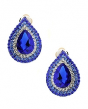 Women's Evening Pointy Teardrop Stone Fashion Clip On Earrings - Royal Blue, Gold-Tone