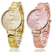 2 PACK Geneva Silver Gold and Rose Gold Plated Classic Round CZ Ladies Boyfriend Watch