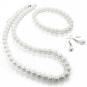16 Imitation Pearl Necklace, 6 3/4 Stretch Bracelet and Drop Earrings, in White
